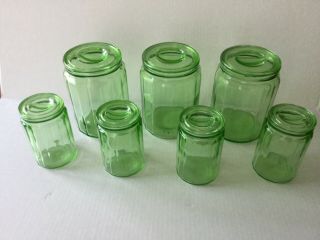 Depression Glass Hazel Atlas Green Canister Set Of Seven 3 - 6” And 4 Rare 4 1/2”
