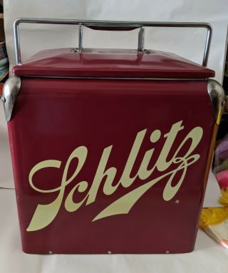 Vintage Rare Schlitz Beer Metal Cooler W/ Locking Handle And Built - In Opener