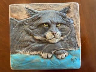 Vintage David L Davis (dld) Studio Art Pottery Cat Face Tile Rare American Made