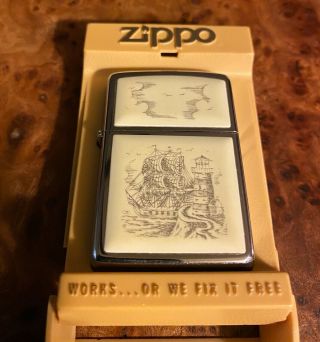 Vintage Zippo Lighter/ Scrimshaw Ship & Lighthouse W/ Rare Cream Colored Box