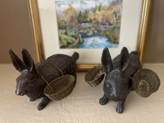 Rare Traditional English Cast Bronze Rabbits With Yoked Baskets