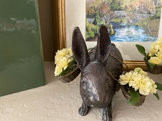 Rare Traditional English Cast Bronze Rabbits With Yoked Baskets 3