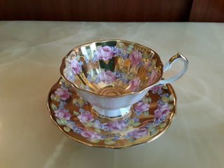 Queen Anne Bone China Pink Roses Heavy Gold Tea Cup And Saucer Rare.