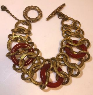 Vintage Stephen Dweck Bronze Carnelian Interlocking Circles Bracelet Rare 7”