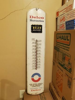 Old Delco Car Batteries Advertising Thermometer Sign Rare Gas Soda Pop Cigs
