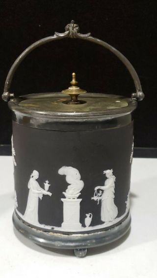 Rare Antique Wedgwood Black Jasperware Biscuit Barrel Jar Silver Lid Handle