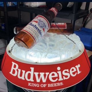 Vintage Budweiser Bottles On Ice Pool Table Hanging Light Rare Beer Sign Cave