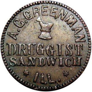 1863 Sandwich Illinois Civil War Token A G Greenman Druggist R6 Rare Merchant