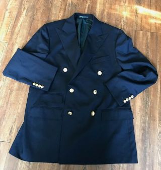 Rare Polo Ralph Lauren Wool Gold Crest Button Blazer Suit Coat Navy Blue 44r