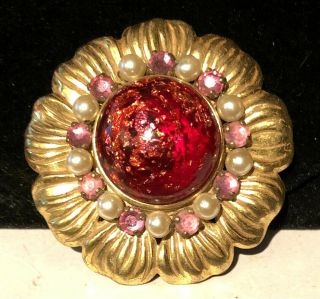 Rare Vintage Signed Miriam Haskell Gilt Red/pink Art Glass Flower Brooch Pin A40