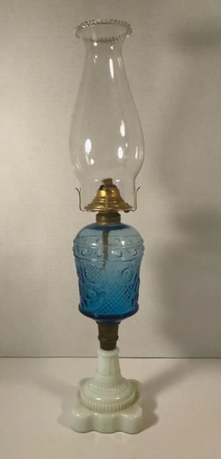 Antique Oil Lamp Blue Comet/horn Of Plenty Font And Milk Glass Base Ca1860s Rare