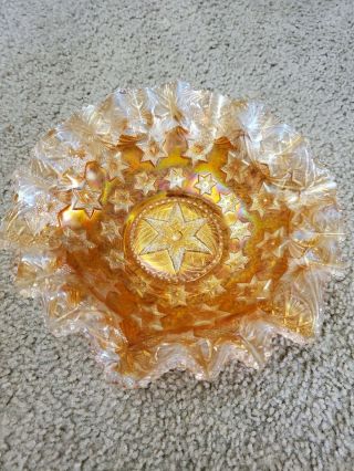Rare Antique Millersburg Marigold Carnival Glass Many Stars Ruffled Edge Bowl