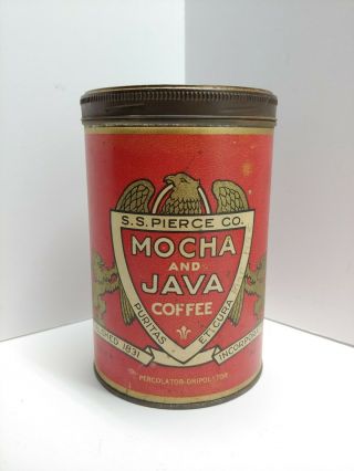 Rare Antique S.  S.  Pierce Co.  Mocha And Java Coffee Tin Can With Lid Advertising