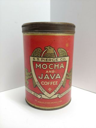 RARE Antique S.  S.  Pierce Co.  Mocha And Java Coffee Tin Can With Lid Advertising 2