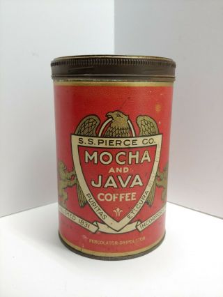 RARE Antique S.  S.  Pierce Co.  Mocha And Java Coffee Tin Can With Lid Advertising 3