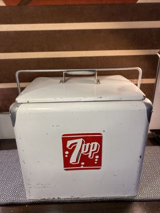 Rare Vtg Retro 50s 7up Metal Ice Chest Cooler W/sandwich Tray & Drain Plug Xlnt