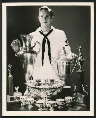 Rare 1954 Photo Arnold Palmer Young Golf Champion With Trophies