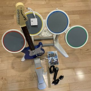 Wii Rock Band 3 Complete Band Wireless Rare Blue Fender Guitar Dongle Drums Game