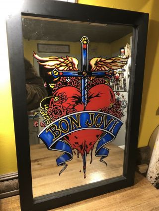 Rare 13”x19” Bon Jovi Logo Mirror W/ Wood Frame Heart Dagger Carnival Fair Bar