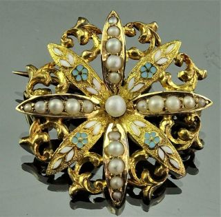 Rare Antique Victorian 14k Gold,  Seed Pearl & Enamel Starburst Brooch Pin C1880