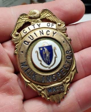 Rare Quincy Mass Milk Inspector Badge - Obsolete - Brass & Enamel - Usa Ship