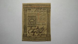 1773 Fifty Shillings Pennsylvania Pa Colonial Currency Note Bill 50s Rare Issue