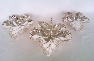 Rare & Set Of 3 Solid Silver Vine Leave Hand Made Dishes Circa 1974