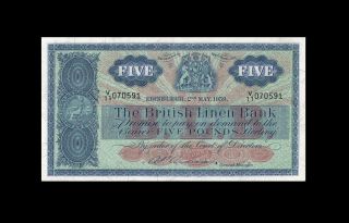 2.  5.  1959 British Linen Bank Scotland Edinburgh 5 Pounds X - Rare ( (aunc))