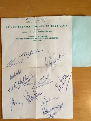 1950 Signed 12 Leicestershire Ccc Rare Official Team Sheet Jackson Hallam Wooler