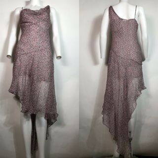 Rare Vtg Dolce & Gabbana Pink Floral Print Asymmetrical Silk Dress Xs