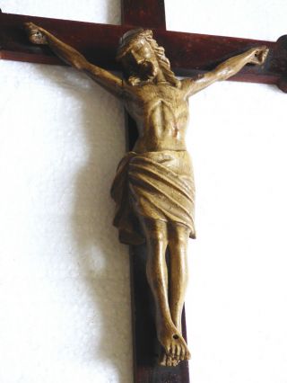 ° Rare Antique Wall Crucifix Hand Carved 22“ All Wood Corpus & Cross Around 1840
