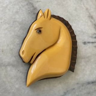 Rare Early Figural Bakelite Horse Head On Carved Wood Brooch Pin Vintage