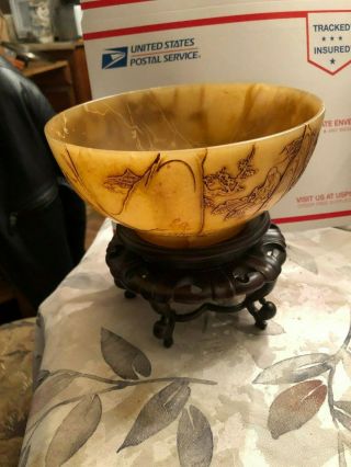 Vintage/antique Rare Exquisite Chinese Hand Carved Stone Bowl W/stand Marked