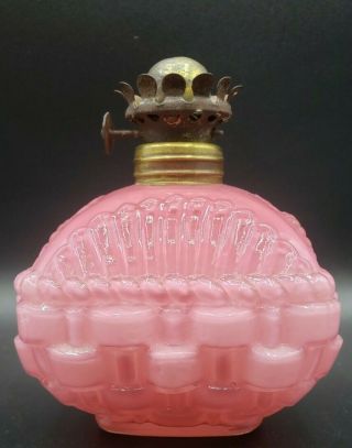Consolidated Mini Oil Lamp Base Rare 1890s Pittsburgh Basket Pattern Pink Glass