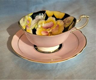 Vintage Rare Double Warrant Paragon Wide Mouth Pink & Black Pansy Tea Cup Saucer