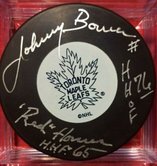 Red Horner Johnny Bower Signed Toronto Maple Leafs Puck Very Rare
