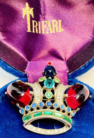 Rare Sterling Trifari Alfred Philippe Ruby Royal Coronation Crown Pin - Large Size