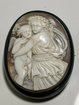 Rare Antique Victorian Large Whitby Jet And Carved Shell Cameo Brooch 5.  5cm