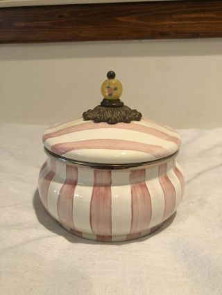 Rare Mackenzie Childs Bathing Hut Pink White Stripe Enamel Squash Pot Canister