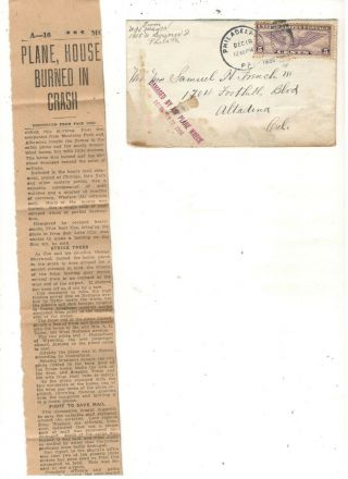 Rare: 1930 Plane Crash Cover W/newspaper Clippings On Plate Crash
