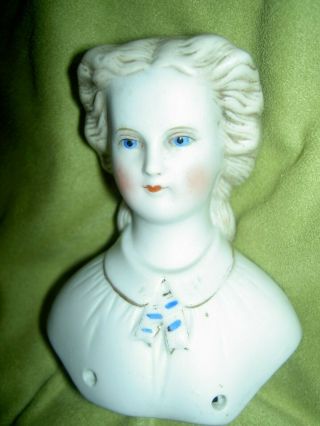 Rare Antique Dresden Parian Bisque Doll Head,  Molded Blouse,  Ascot,  Snood Exlent