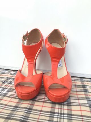 Rare Jimmy Choo London Orange Patent Leather Open Toe Ultra High Heels Size 36