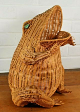 Rare 1970s Vintage Wicker Rattan Frog Toad Waste Paper Basket Planter Glass Eyes