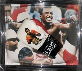 Signed Framed Sugar Ray Leonard Rare Branded Boxing Glove Duran