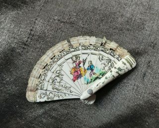 Tiny Rare Antique Spanish Miniature Hand Painted Fan For Doll Or Dolls House