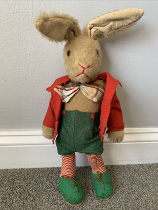 Vtg Rare 16” German Schuco Mohair Dressed Bunny Rabbit Bello Yes No Tricky 1950