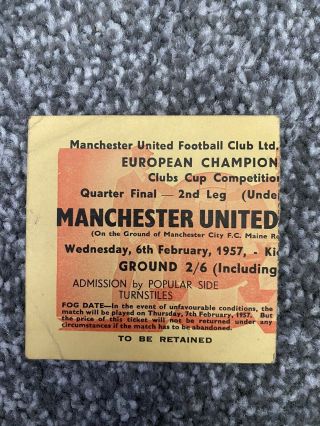 Manchester United V Athletic Bilbao European Cup 6th Feb 1957 Ticket Stub Rare