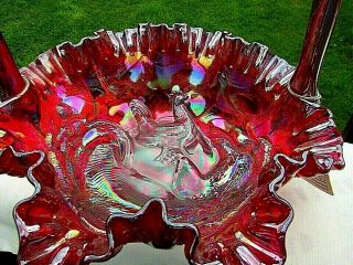 Fenton Glass " Farmyard " Ruby Red Carnival Basket For Singleton Bailey 9 " H X 9 " W
