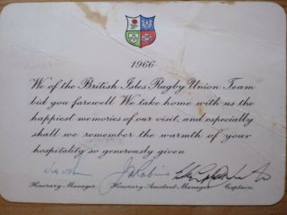 1966 British & Irish Rugby Lions Farewell Card Signed - Rare - Look