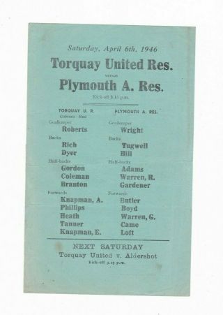 1945/46 Torquay United Res V Plymouth Argyle Res (rare Single Sheet)